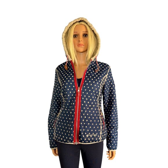 Almgwand Reversible Jacket Navy Polkadot/ Beige fleece S/M HTF - Picture 3 of 17